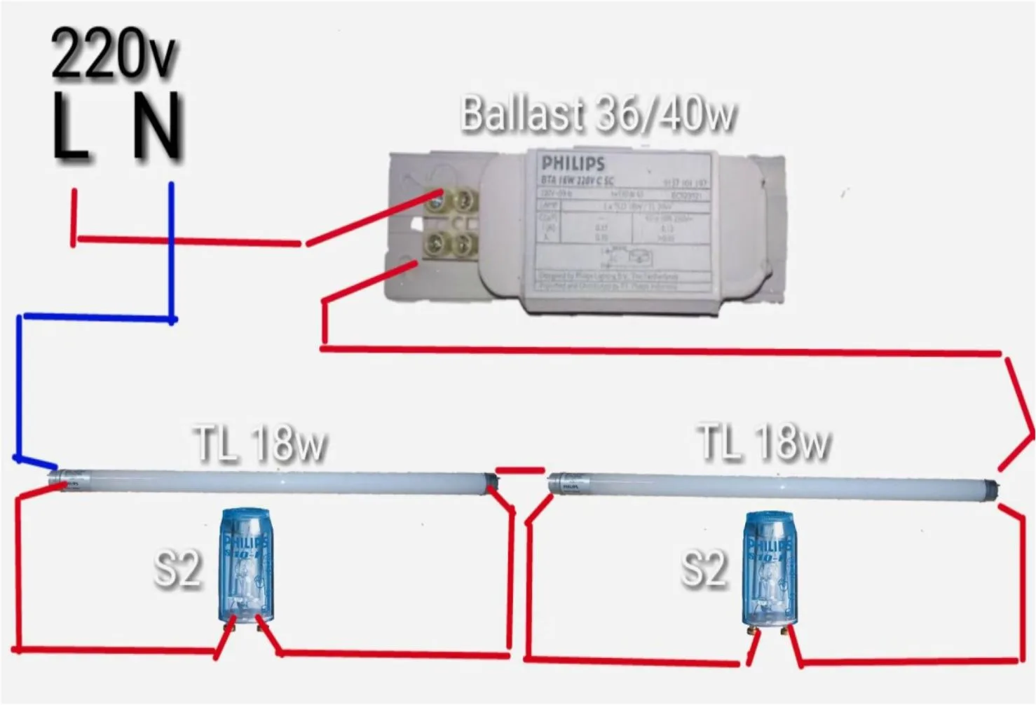 rangkaian lampu tl 36 watt